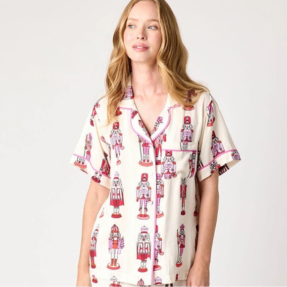 Katie Kime Other - Katie Kime Holiday March Nutcracker Print Pajama Top Pink Piping Size Small